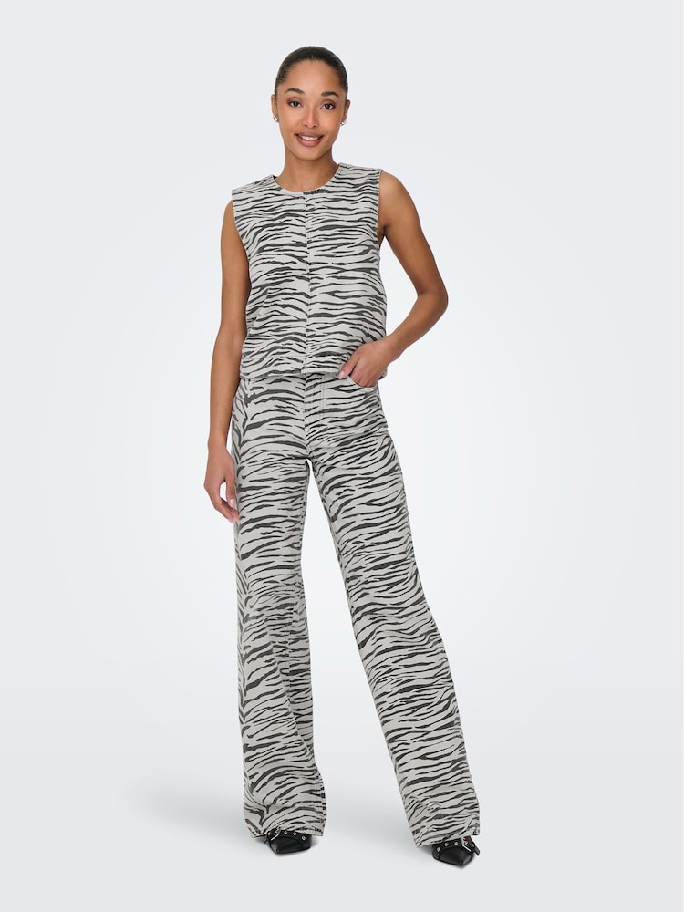 ONLY Grey High Waist Wide Leg Zebra Print Jeans - Image 1 of 7