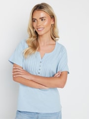 M&Co Blue Petite Short Sleeve 100% Cotton Henley Top - Image 1 of 5