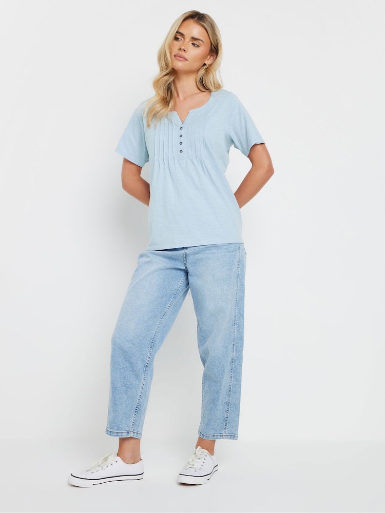 M&Co Blue Petite Short Sleeve 100% Cotton Henley Top - Image 2 of 5