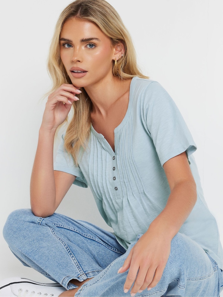 M&Co Blue Petite Short Sleeve 100% Cotton Henley Top - Image 4 of 5