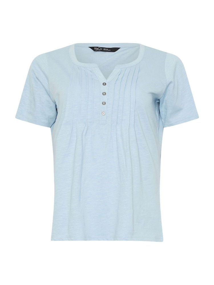 M&Co Blue Petite Short Sleeve 100% Cotton Henley Top - Image 5 of 5
