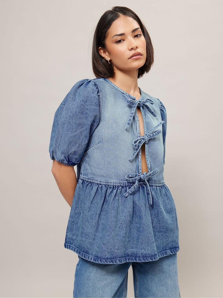 PixieGirl Petite Tie Peplum 100% Cotton Blouses - Imagen 2 de 5