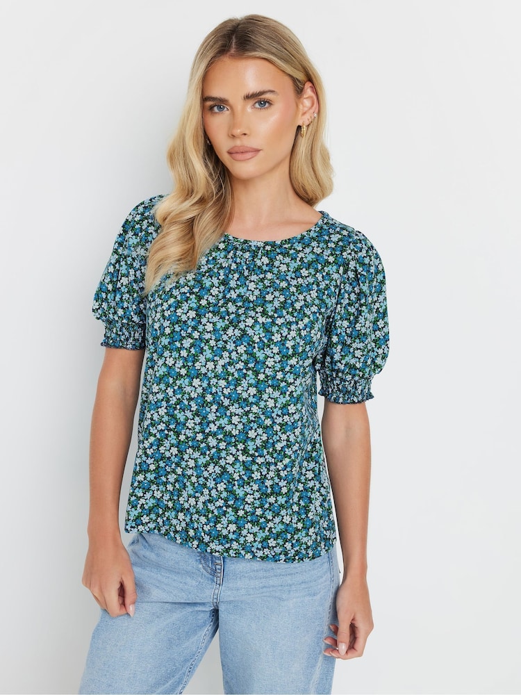 M&Co Blue Petite Shirred Cuff T-Shirt - Image 1 of 5
