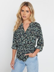 M&Co Black Petite Pintuck Long Sleeve Printed Top - Image 1 of 6