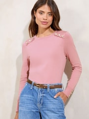 Lipsy Pink Knitted Scallop Buttoned Crew Neck Jumper - Image 3 of 4