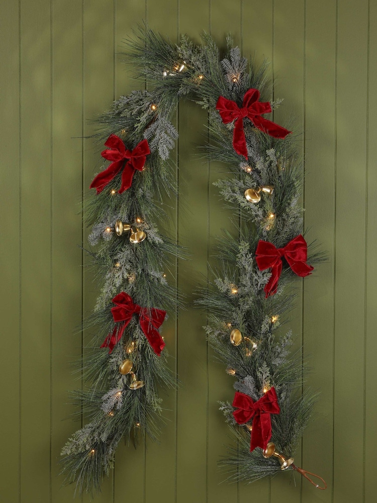 Laura Ashley Green Pre Lit Christmas Garland With 250cm Bells - Image 1 of 6