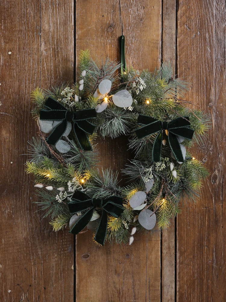 Laura Ashley Green 40cm Pussy WIllow Pre Lit Christmas Wreath - Image 1 of 5