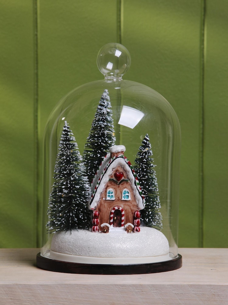 Laura Ashley Clear Christmas Gingerbread House Lit Cloche Decoration - Image 1 of 2