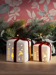Laura Ashley White and Red Ceramic Christmas Present Ornaments - Image 1 of 4