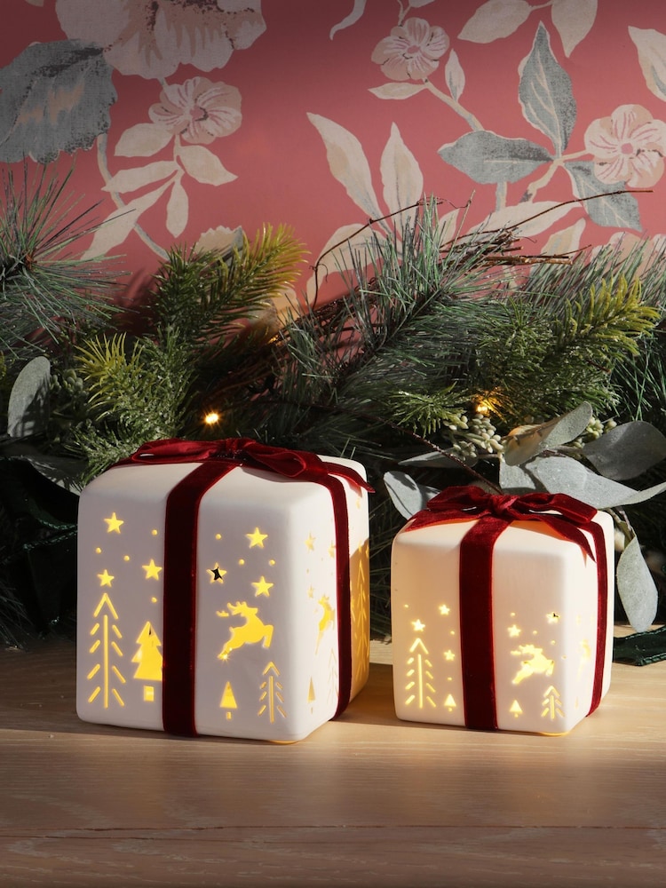 Laura Ashley White and Red Ceramic Christmas Present Ornaments - Image 1 of 4 Laura Ashley White and Red Ceramic Christmas Present Ornaments - Image 1 of 4