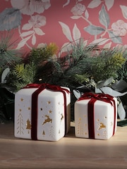 Laura Ashley White and Red Ceramic Christmas Present Ornaments - Image 2 of 4