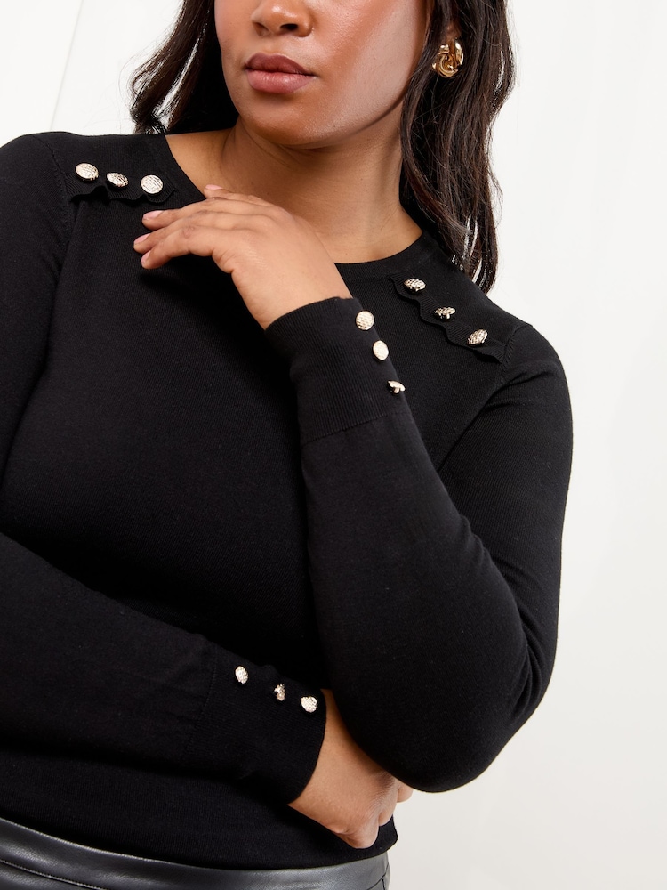 Lipsy Black Curve Knitted Scallop Buttoned Crew Neck Jumper - Image 2 of 4