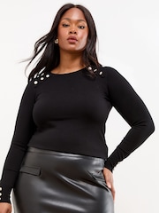 Lipsy Black Curve Knitted Scallop Buttoned Crew Neck Jumper - Image 3 of 4