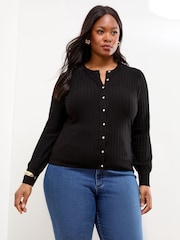 Lipsy Black Curve Knitted Ribbed Crew Neck Buttoned Cardigan - Image 1 of 5