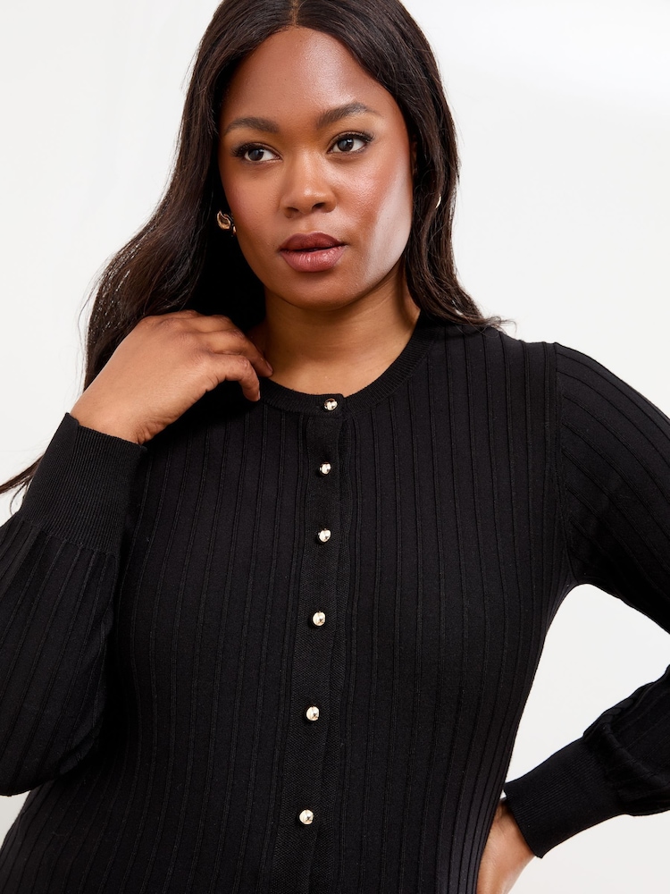 Lipsy Black Curve Knitted Ribbed Crew Neck Buttoned Cardigan - Image 2 of 5