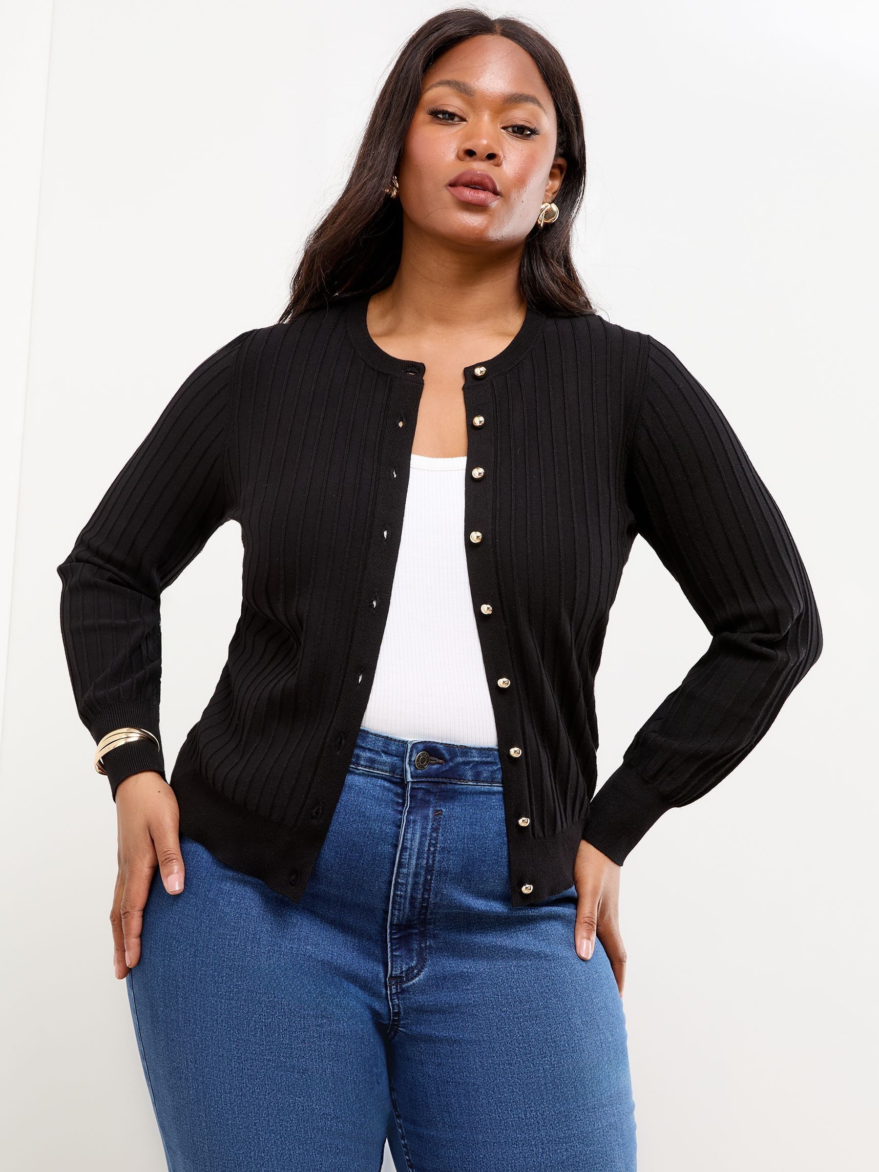 Buy Lipsy Black Curve Knitted Ribbed Crew Neck Buttoned Cardigan