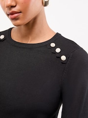 Lipsy Black Petite Knitted Scallop Buttoned Crew Neck Jumper - Image 2 of 4