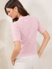 Lipsy Pink Petite Buttoned Shoulder Crew Neck Short Sleeve Knitted Top - Image 2 of 4