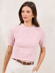 Lipsy Pink Petite Buttoned Shoulder Crew Neck Short Sleeve Knitted Top - Image 4 of 4