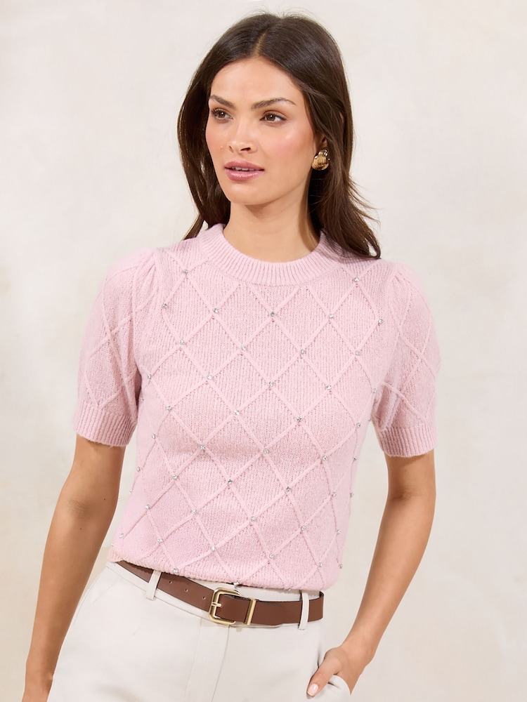 Lipsy Pink Petite Buttoned Shoulder Crew Neck Short Sleeve Knitted Top - Image 4 of 4