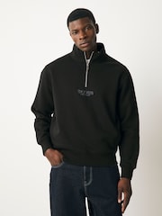 Black Cotton Rich Printed Graphic Zip Neck Sweat Top - Image 4 of 7