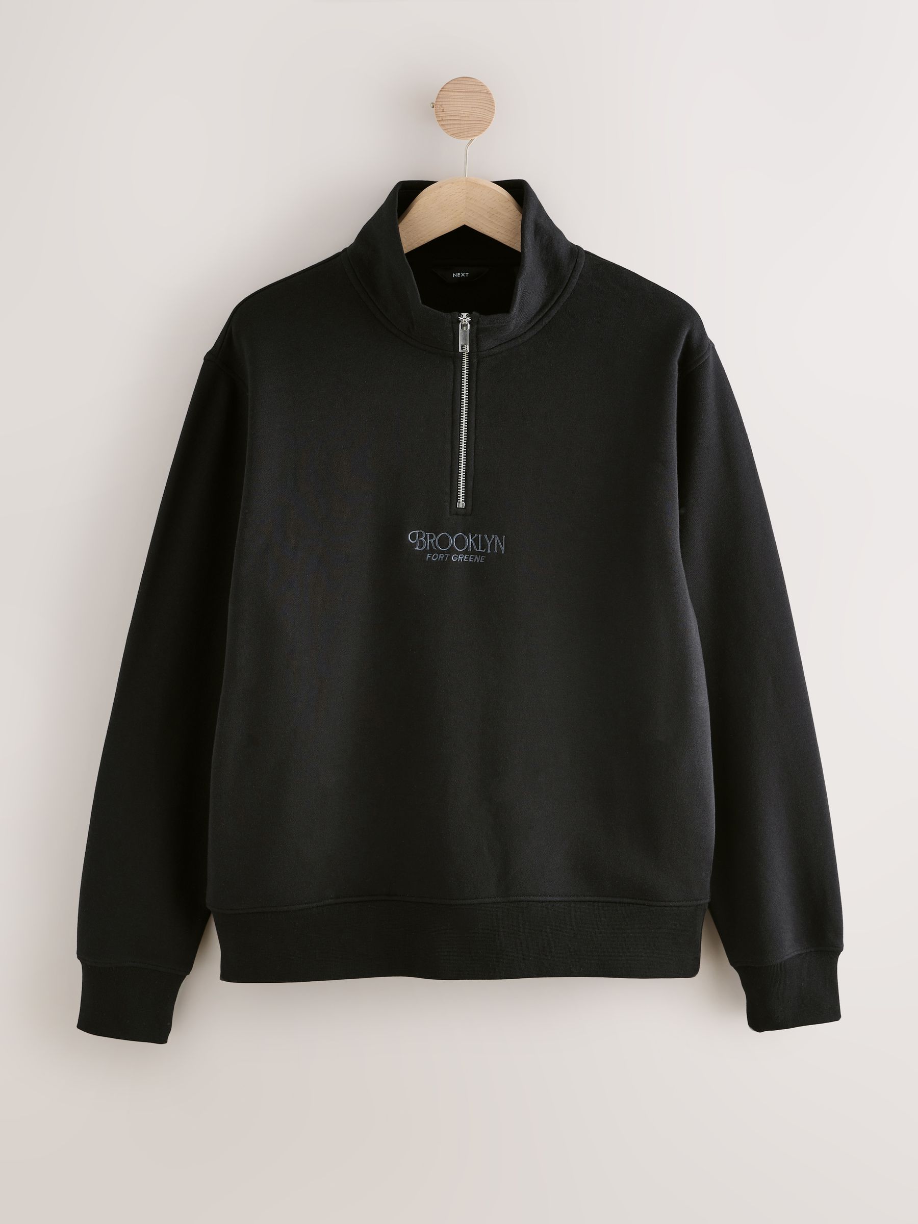 Black Cotton Rich Printed Graphic Zip Neck Sweat Top - Image 5 of 7