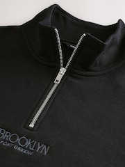 Black Cotton Rich Printed Graphic Zip Neck Sweat Top - Image 6 of 7