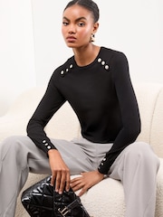 Lipsy Black Knitted Scallop Buttoned Crew Neck Jumper - Image 1 of 4