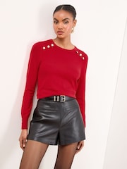 Lipsy Red Knitted Scallop Buttoned Crew Neck Jumper - Image 1 of 5