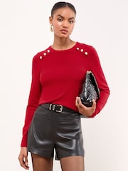 Lipsy Red Knitted Scallop Buttoned Crew Neck Jumper - Image 4 of 5