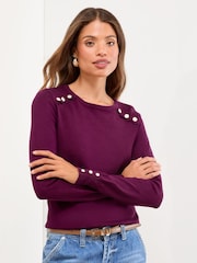 Lipsy Burgundy Red Knitted Scallop Buttoned Crew Neck Jumper - Image 1 of 4