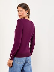 Lipsy Burgundy Red Knitted Scallop Buttoned Crew Neck Jumper - Image 4 of 4