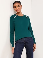 Lipsy Dark Green Knitted Scallop Buttoned Crew Neck Jumper - Image 1 of 4