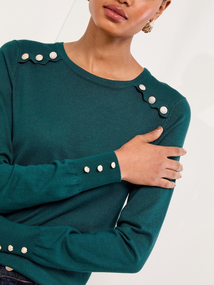 Lipsy Dark Green Knitted Scallop Buttoned Crew Neck Jumper - Image 2 of 4
