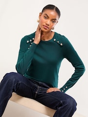 Lipsy Dark Green Knitted Scallop Buttoned Crew Neck Jumper - Image 3 of 4