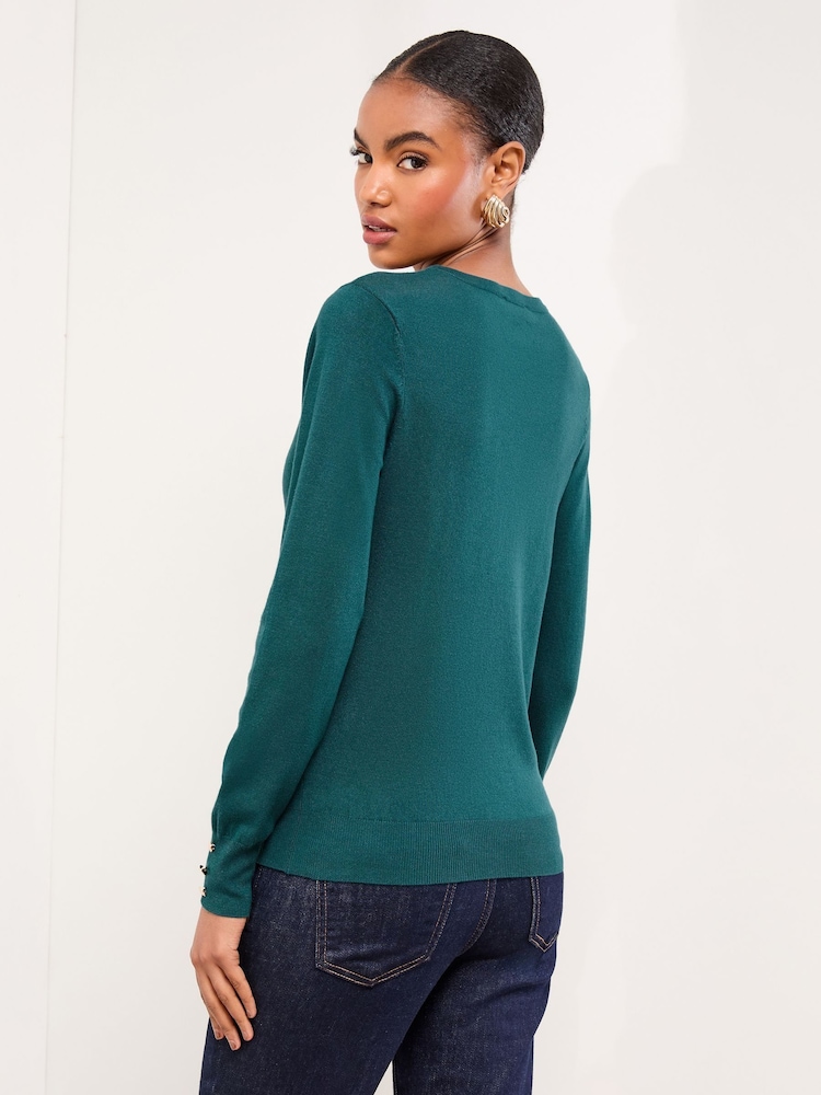 Lipsy Dark Green Knitted Scallop Buttoned Crew Neck Jumper - Image 4 of 4