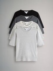 The Set Black/Charcoal Grey/Grey Marl/Cream Stripe 4 Pack Fine Knit T-Shirts - Image 1 of 7