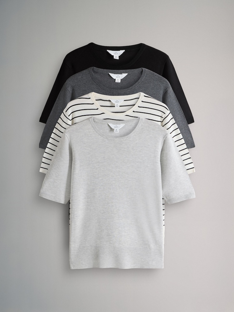 The Set Black/Charcoal Grey/Grey Marl/Cream Stripe 4 Pack Fine Knit T-Shirts - Image 1 of 7