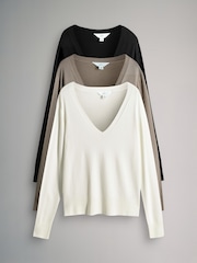 The Set Neutral 3 Pack V-Neck Fine Knit Jumpers - Image 1 of 6