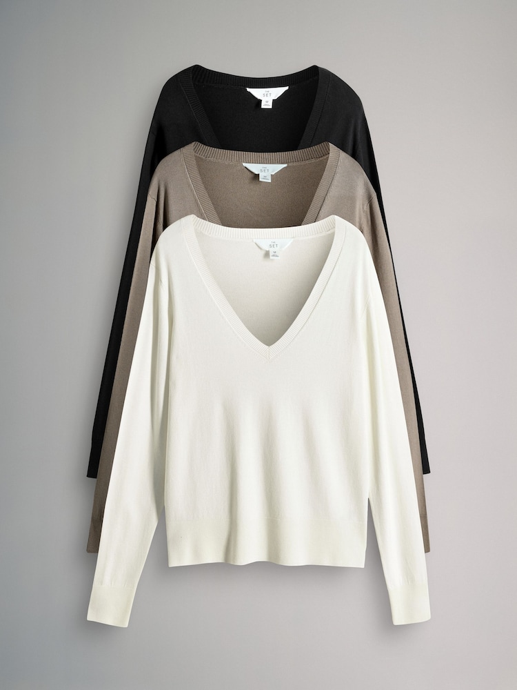 The Set Neutral 3 Pack V-Neck Fine Knit Jumpers - Image 1 of 6