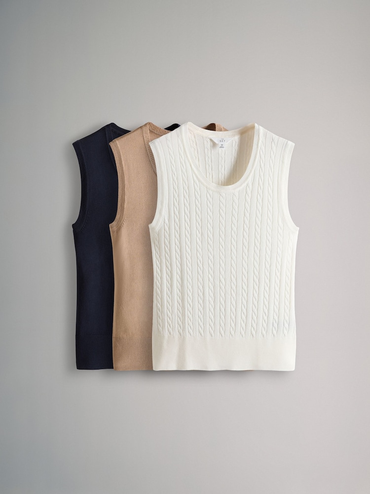 The Set Navy Blue/Brown/Cream 3 Pack Knitted Vests - Image 1 of 6 The Set Navy Blue/Brown/Cream 3 Pack Knitted Vests - Image 1 of 6