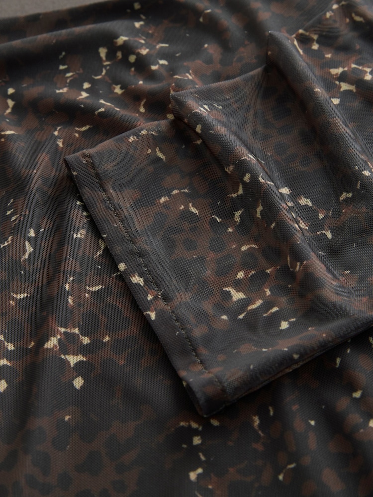 Brown Animal Print Mini Long Sleeve Mesh Dress - Image 7 of 7