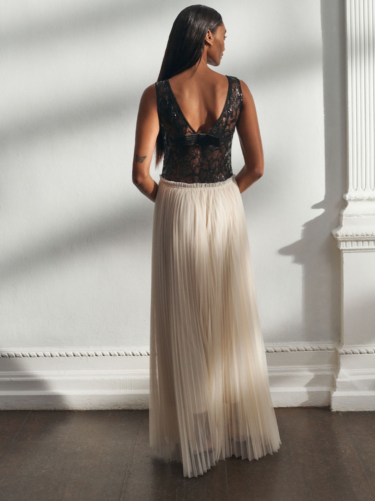 lace evening dress with pleated skirt Black Long Sleeves V Neck Lace Prom Dress with Slit, Long Sleeves Blac –  abcprom