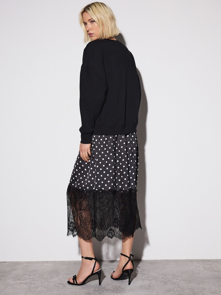 Mono Spot 2-In-1 Soft Touch Jumper With Satin Midi Skirt - Image 1 of 5 Mono Spot 2-In-1 Soft Touch Jumper With Satin Midi Skirt - Image 1 of 5