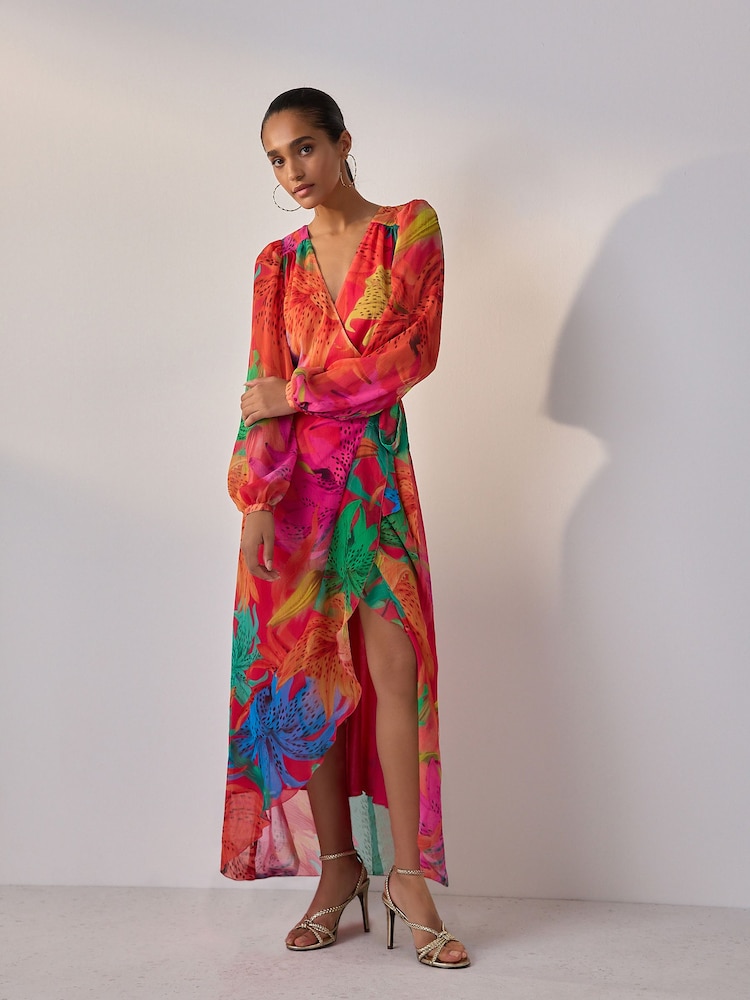 Kew Collection Bright Floral Occasion Long Sleeve Wrap Midi Dress - Image 1 of 7 Kew Collection Bright Floral Occasion Long Sleeve Wrap Midi Dress - Image 1 of 7