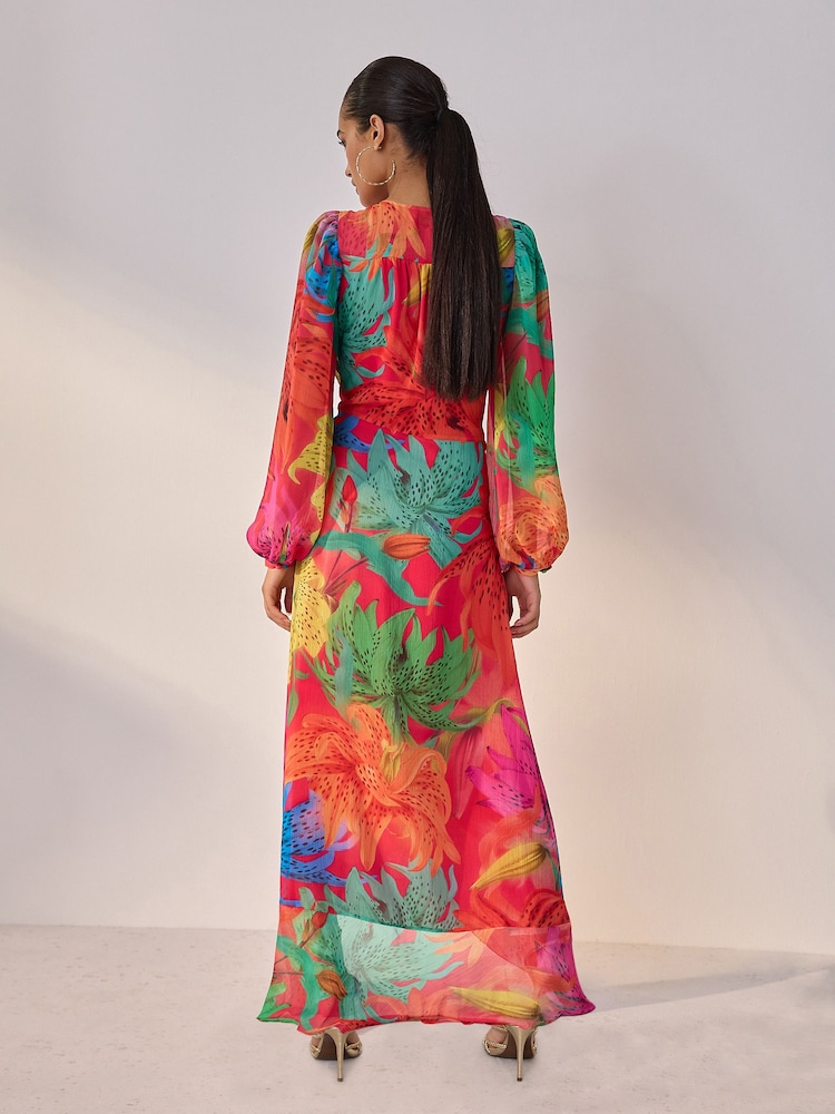 Kew Collection Bright Floral Occasion Long Sleeve Wrap Midi Dress - Image 2 of 7 Kew Collection Bright Floral Occasion Long Sleeve Wrap Midi Dress - Image 2 of 7