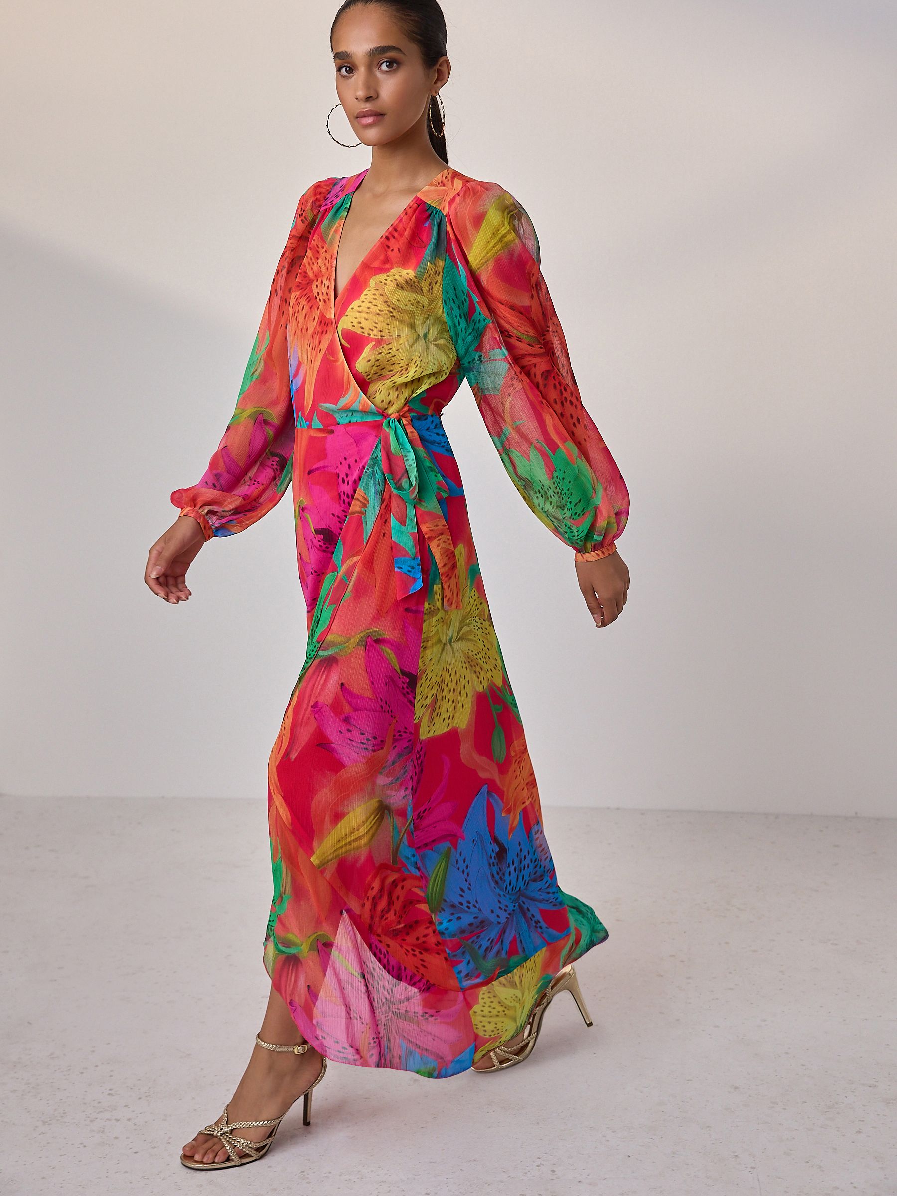 Buy Kew Collection Bright Floral Occasion Long Sleeve Wrap Midi
