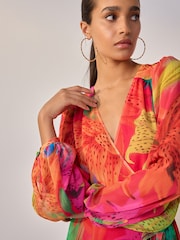 Kew Collection Bright Floral Occasion Long Sleeve Wrap Midi Dress - Image 4 of 7