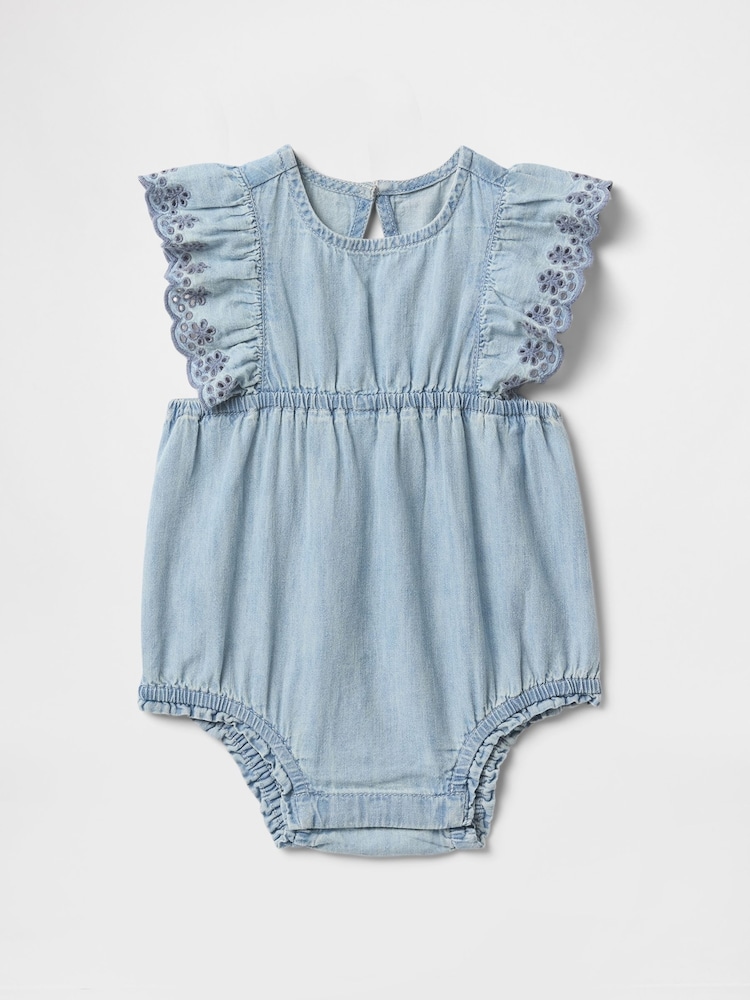 Gap Blue 100% Cotton Denim Ruffle Baby Bodysuit (Newborn-24mths) - Image 1 of 3