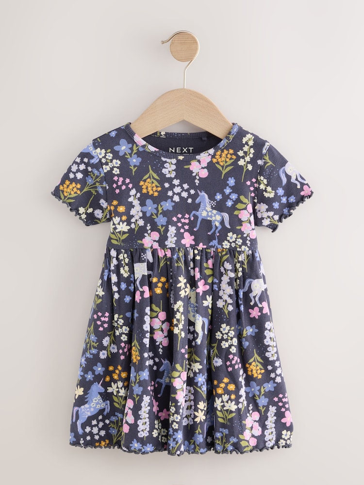 Unicorn Navy Short Sleeve Jersey Summer Dress (3mths-7yrs) - Image 1 of 4